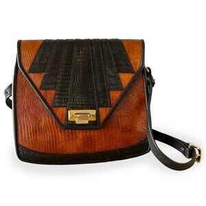 Vintage Art Deco Style Brown Black Embossed Shoulder Bag